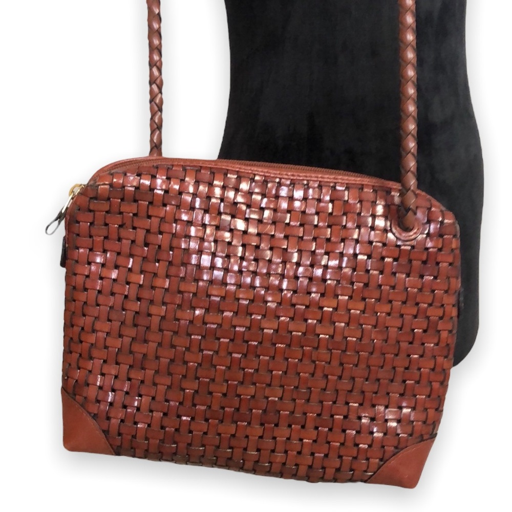 Vintage Valerie Stevens Shoulder Bag Cognac Brown Leather Woven Braided Strap